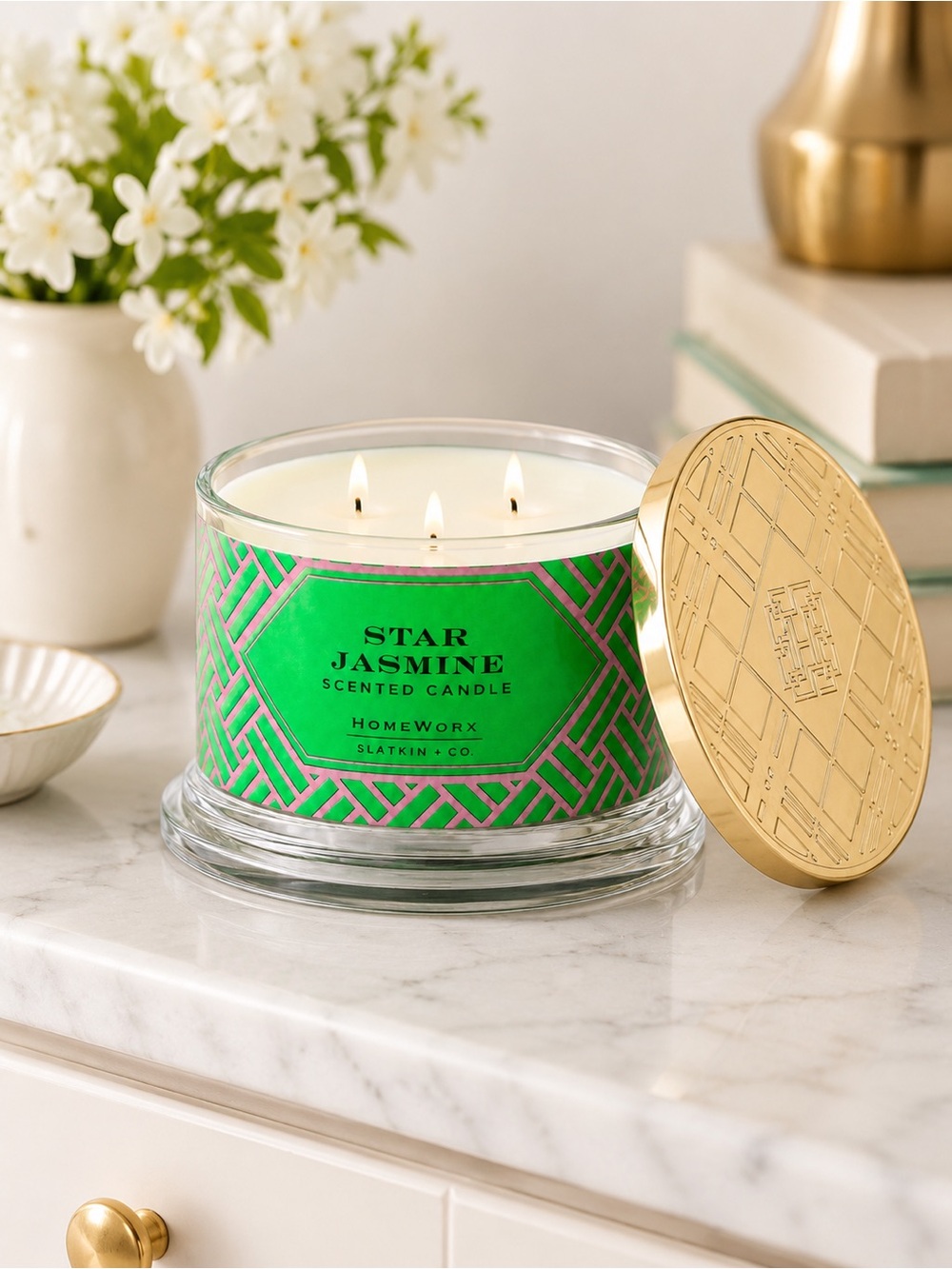 NWT HomeWorx Star Jasmine 18oz 4-Wick Luxury Candle